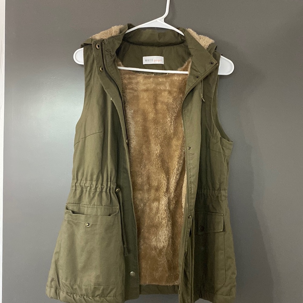Army green vest with zipper and draw string and hood